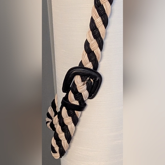 Women's Black & Cream Braided Fabric Belt That Fits Many Sizes - Picture 9 of 13